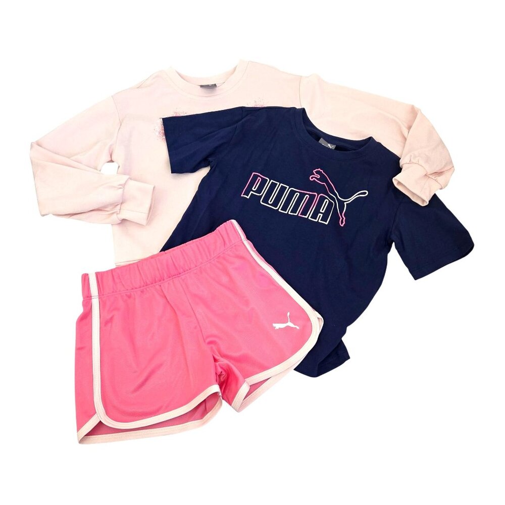 Puma Youth Girls 6/7 3-Piece Outfit: Pink Sweatshirt Navy Tee Pink Shorts 4163